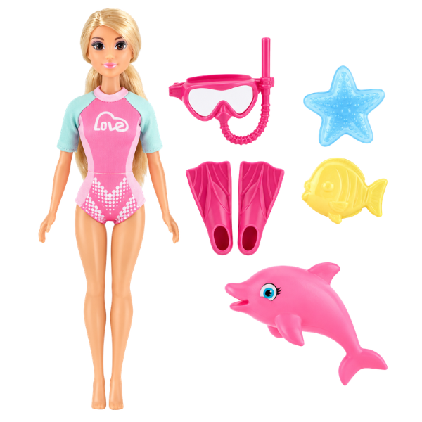 #01 Păpușă înotătoare cu delfin și accesorii, 29 cm #01 Păpușă înotătoare cu delfin și accesorii, 29 cm