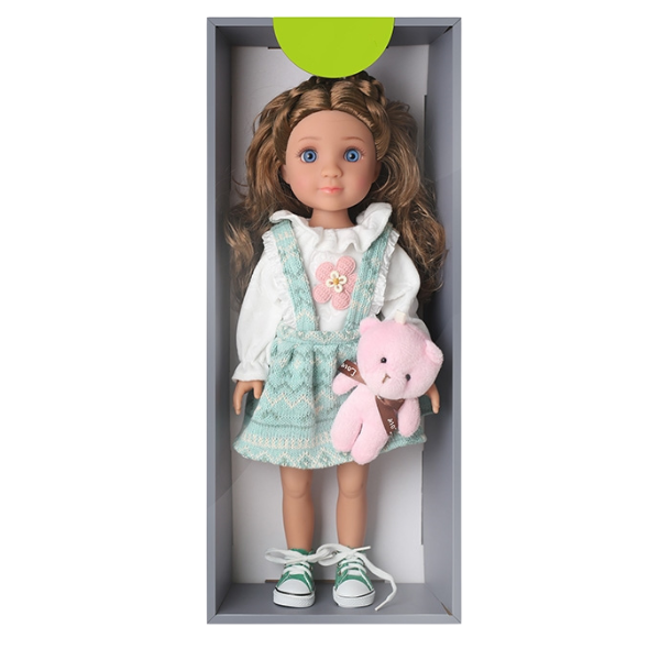 #01 Păpușă cu ursuleț de pluș și rochie verde mentă, 40 cm #01 Păpușă cu ursuleț de pluș și rochie verde mentă, 40 cm