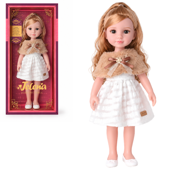 #01 Păpușă „Jelena” în rochie albă cu pelerină din blăniță, 38 cm