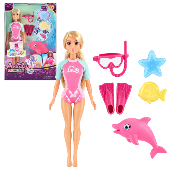 #01 Păpușă înotătoare cu delfin și accesorii, 29 cm
