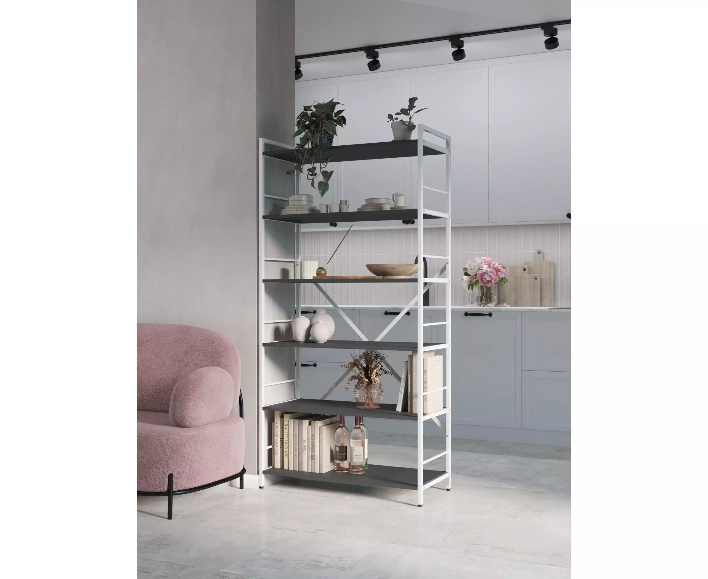 Стеллаж Nex Loft 1700x800x350 мм, 5 полок, ЛДСП, Белый / Антрацит Стеллаж Nex Loft 1700x800x350 мм, 5 полок, ЛДСП, Белый / Антрацит