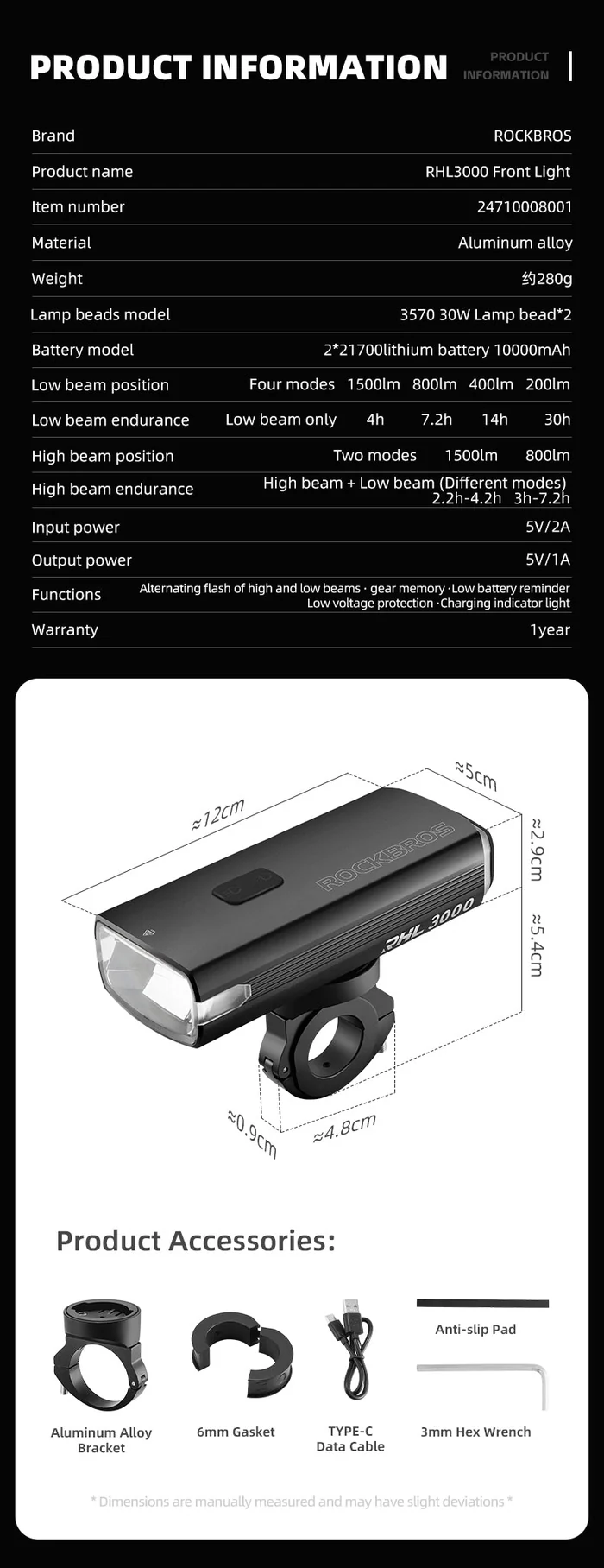 Lanterna frontala pentru bicicleta ROCKBROS 3000LM, cu bateria externa - 24710008001 Lanterna frontala pentru bicicleta ROCKBROS 3000LM, cu bateria externa - 24710008001