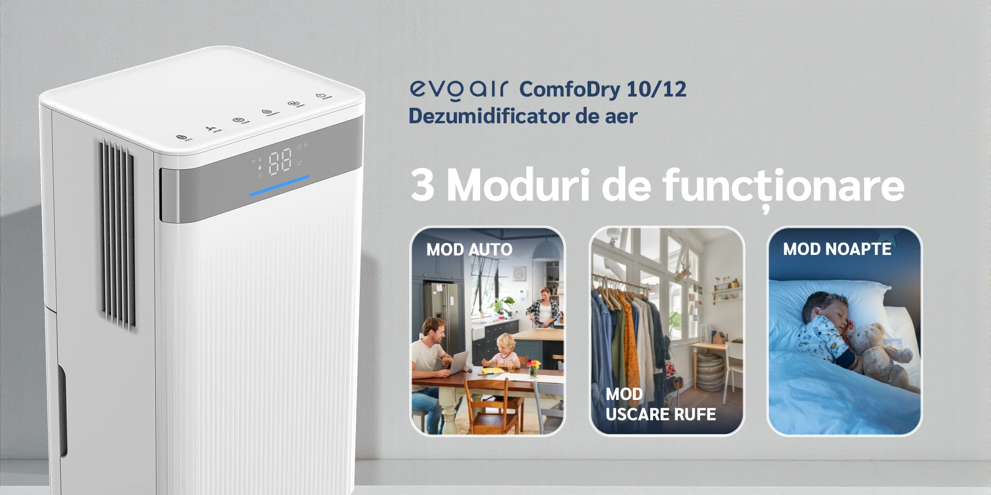 Dezumidificator Evoair ComfoDry10, 10l/24h, Silentios, Senzor de Umiditate, Uscare Rufe Dezumidificator Evoair ComfoDry10, 10l/24h, Silentios, Senzor de Umiditate, Uscare Rufe