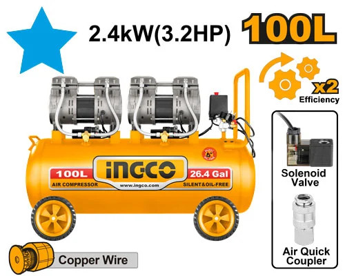 Compresor fara ulei 100L 2400W INGCO ACS2241001 (zgomot redus )