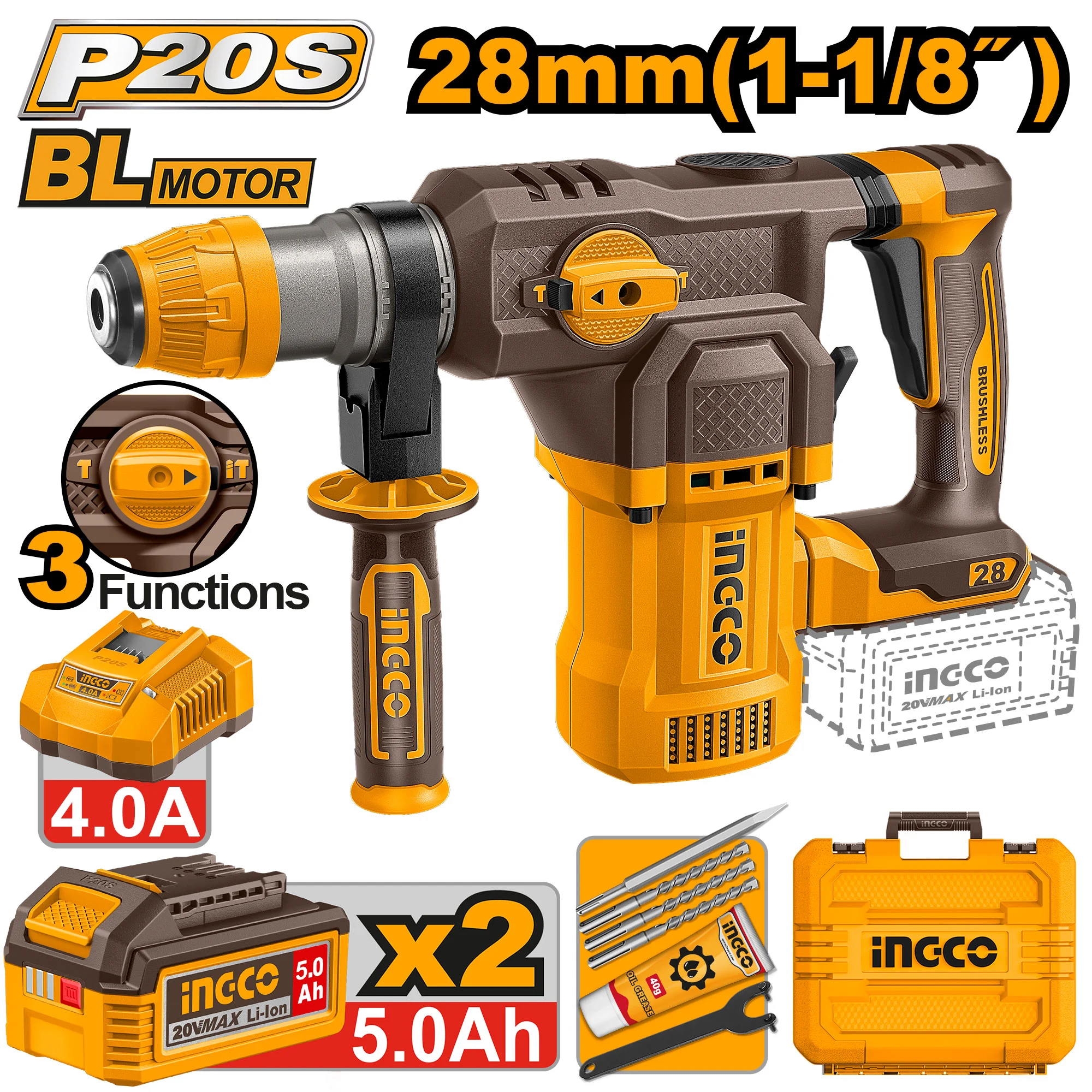 Перфоратор аккумуляторный 28mm Industrial INGCO CRHLI202862 Перфоратор аккумуляторный 28mm Industrial INGCO CRHLI202862
