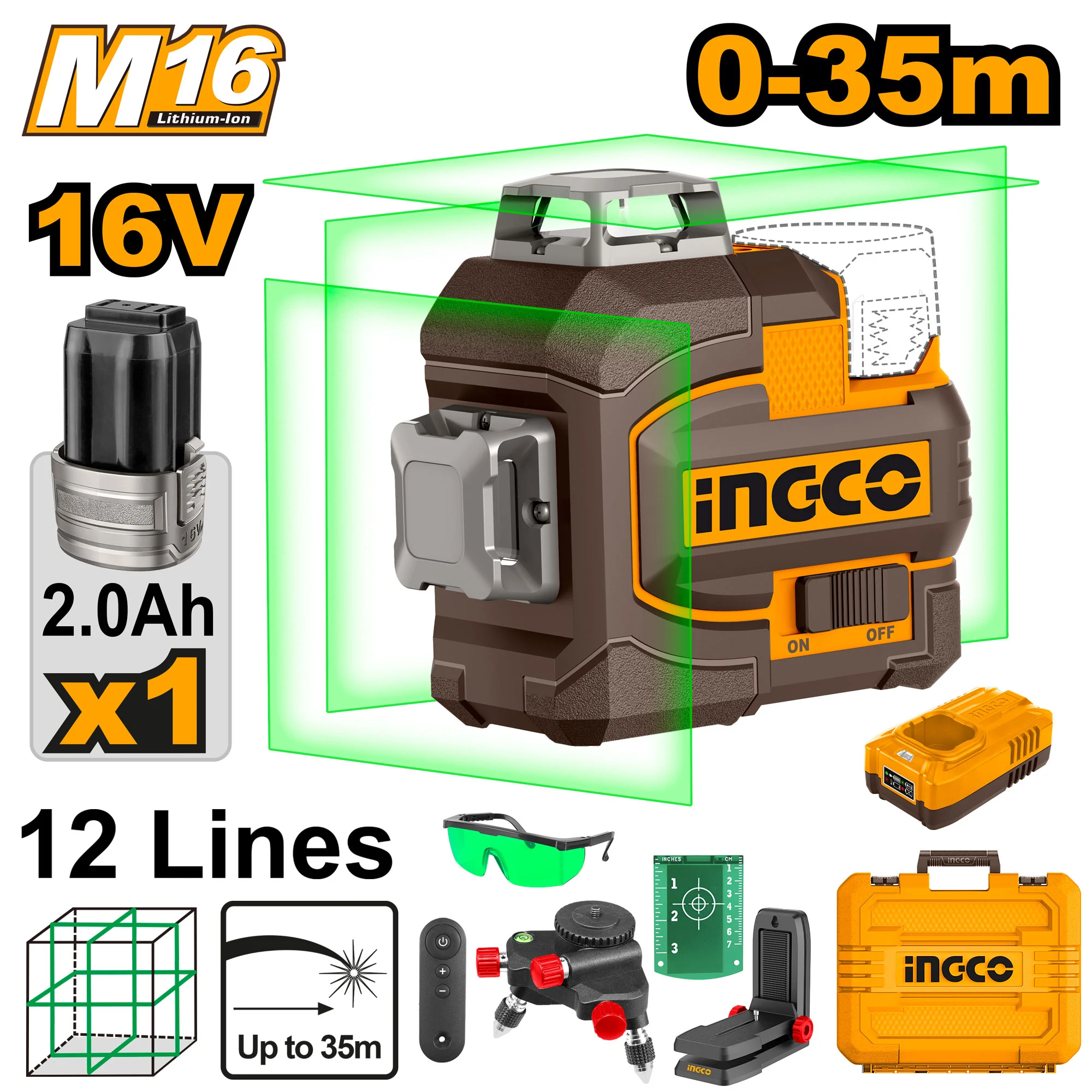 Nivela laser multi-linie 0-35m verde cu acumulator 1*2,0Ah 16V INGCO HLL301201