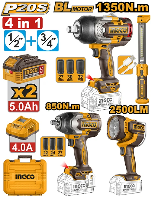 Набор из 4 аккумуляторных инструментов 2x5.0Ah INDUSTRIAL INGCO COSLI260193 Набор из 4 аккумуляторных инструментов 2x5.0Ah INDUSTRIAL INGCO COSLI260193