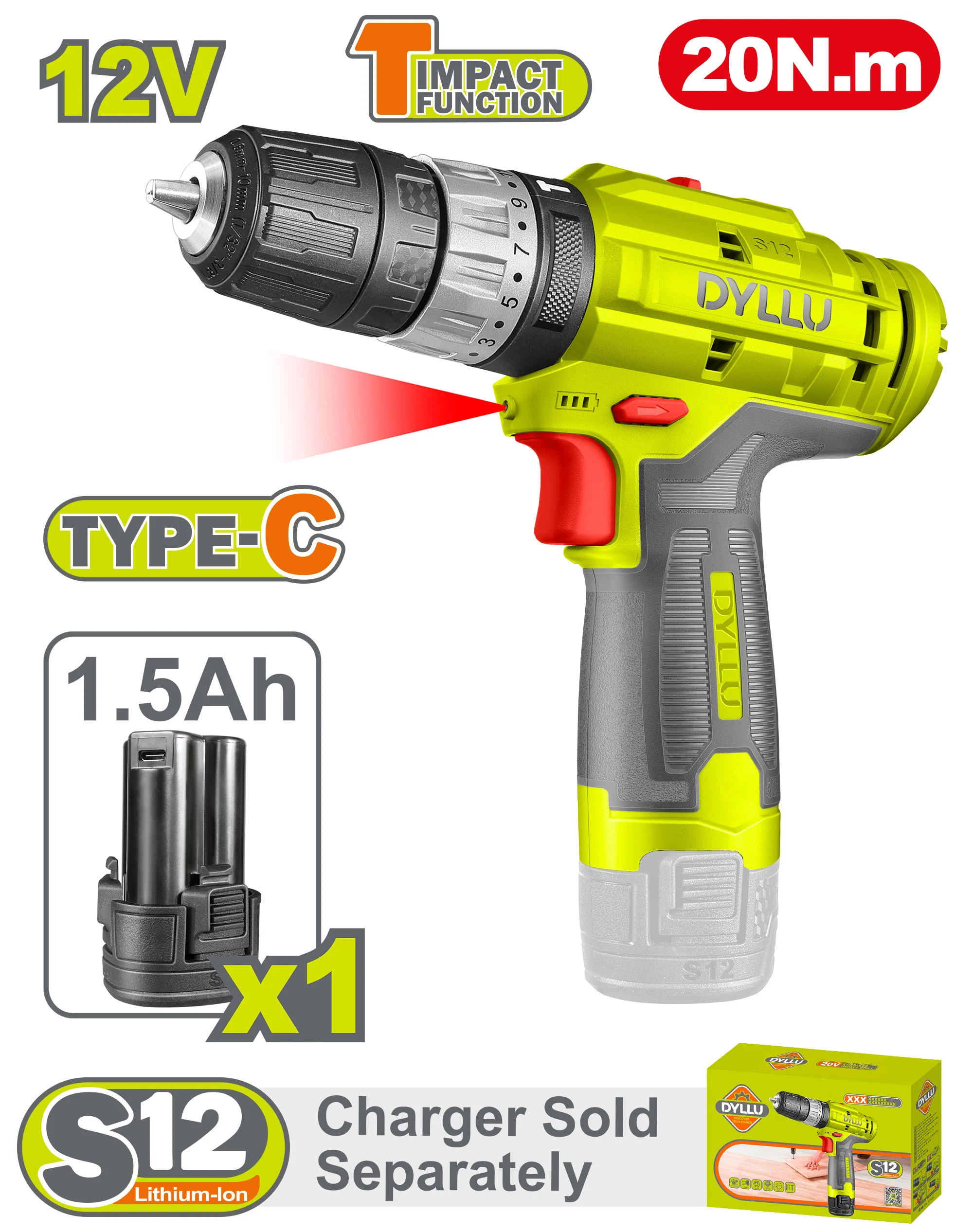Mașină de găurit-înșurubat cu impact pe acumulator Li-Ion 12V/1*1.5Ah 20N.m DYLLU DTCDS540 Mașină de găurit-înșurubat cu impact pe acumulator Li-Ion 12V/1*1.5Ah 20N.m DYLLU DTCDS540