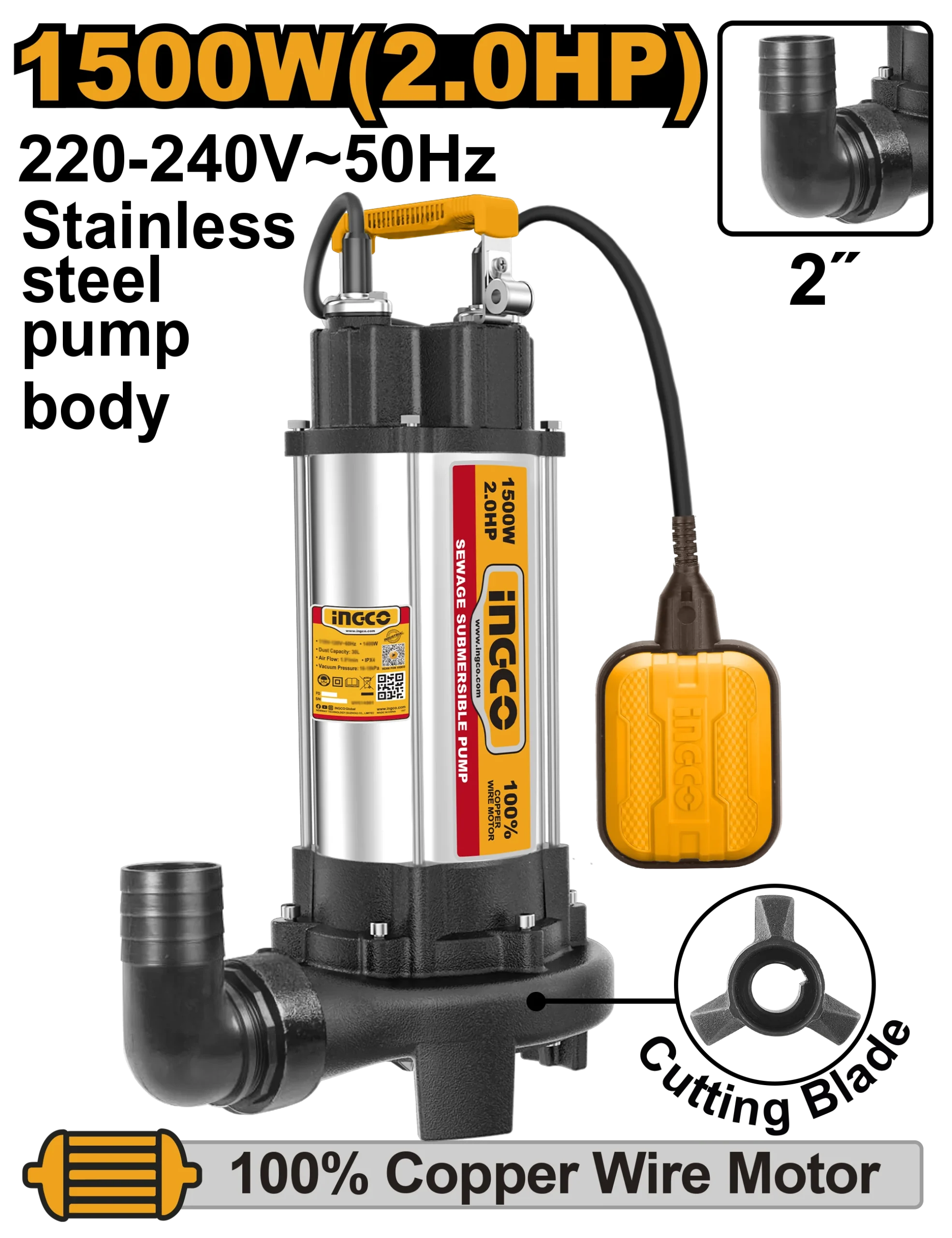 Насос дренажный c резцом 1500W INGCO INDUSTRIAL SPDB15008 Насос дренажный c резцом 1500W INGCO INDUSTRIAL SPDB15008