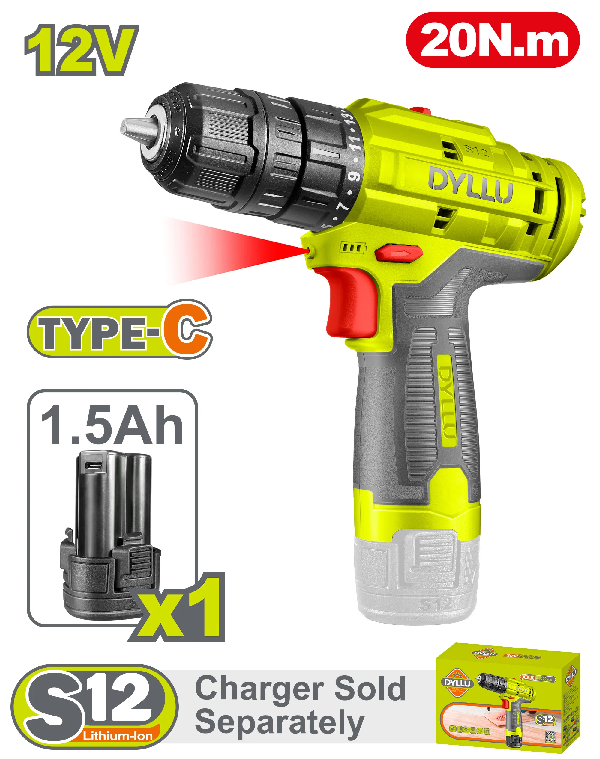 Шуруповерт акумуляторный ударный Li-Ion 12В/1*1.5Ач 20N.m DYLLU DTCDS520 Шуруповерт акумуляторный ударный Li-Ion 12В/1*1.5Ач 20N.m DYLLU DTCDS520