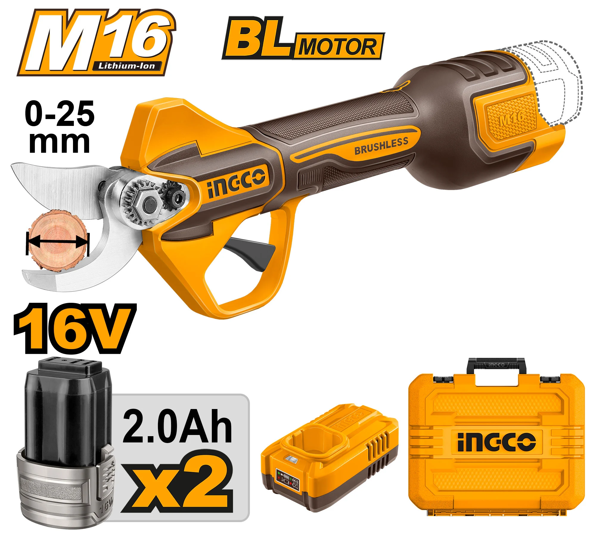 Аккумуляторный секатор 16В/2*2Ач 25мм INGCO CSSLI162582