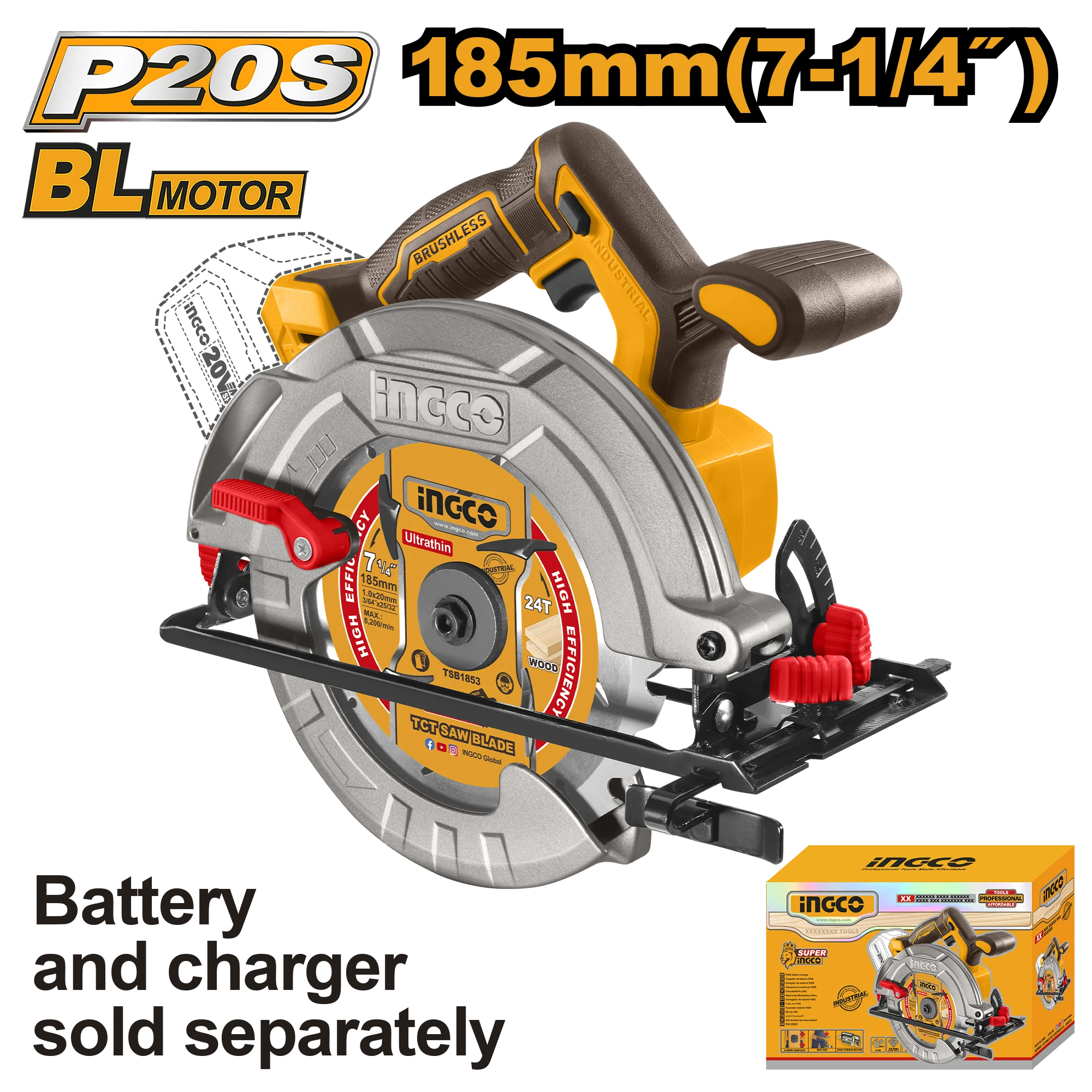Ferestrau circular compatibil cu acumulator BLmotor 185mm INGCO CSLI1851