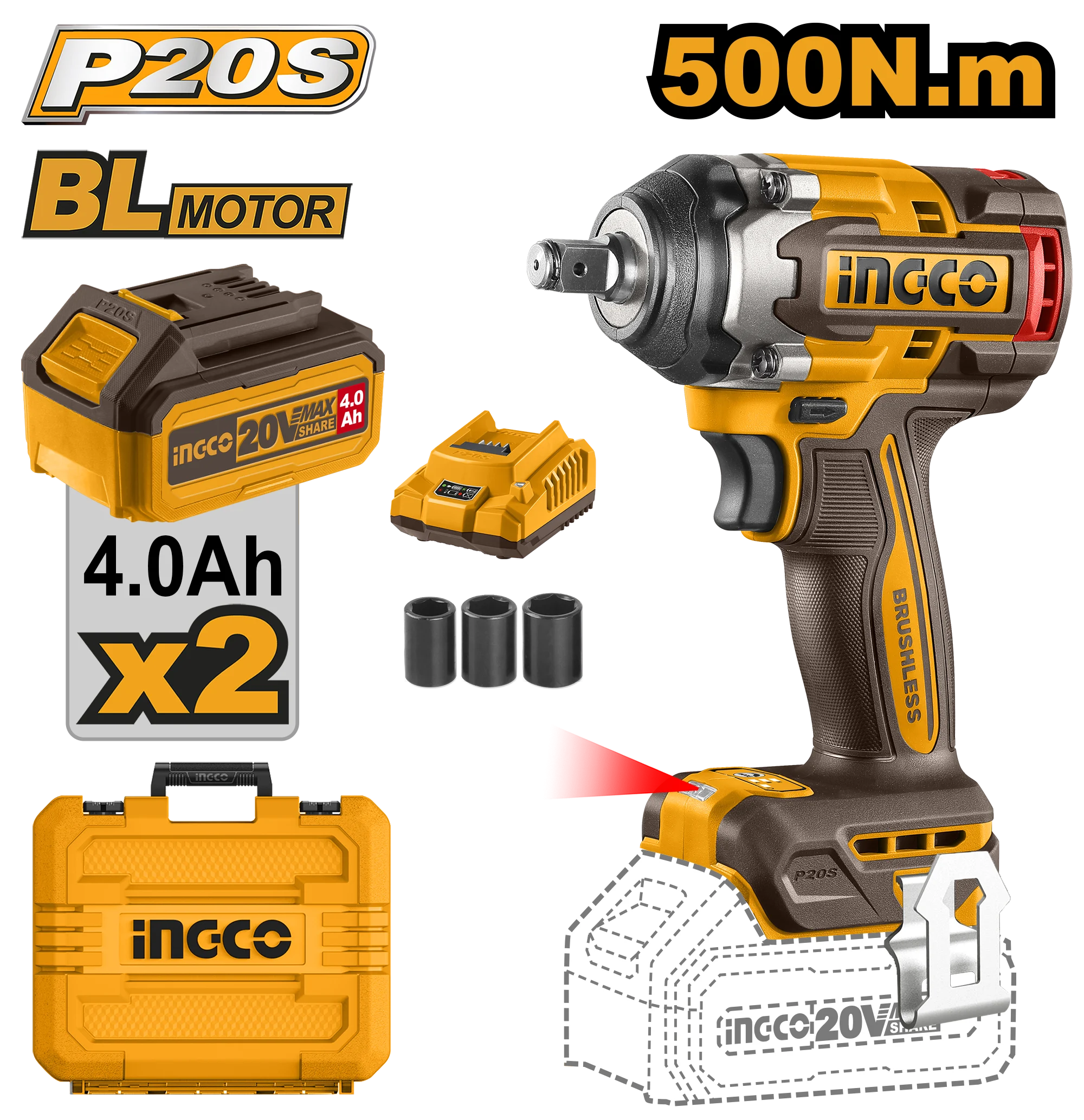 Masina de insurubat cu impact CIWLI2050 BLmotor Li-Ion 20V/2*4Ah INGCO