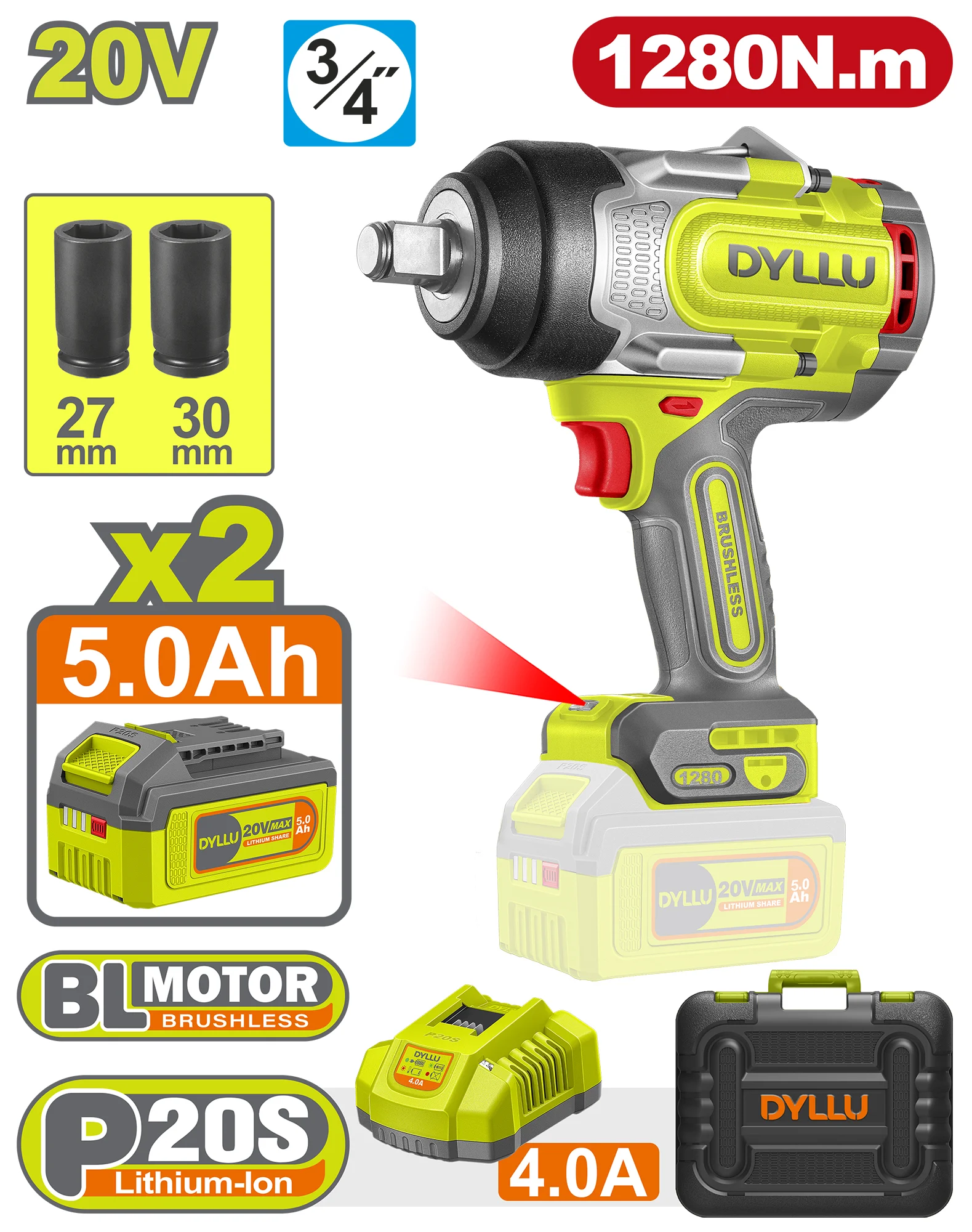 Гайковёрт аккумуляторный ударный 1280N.m DYLLU DTCD1B1285