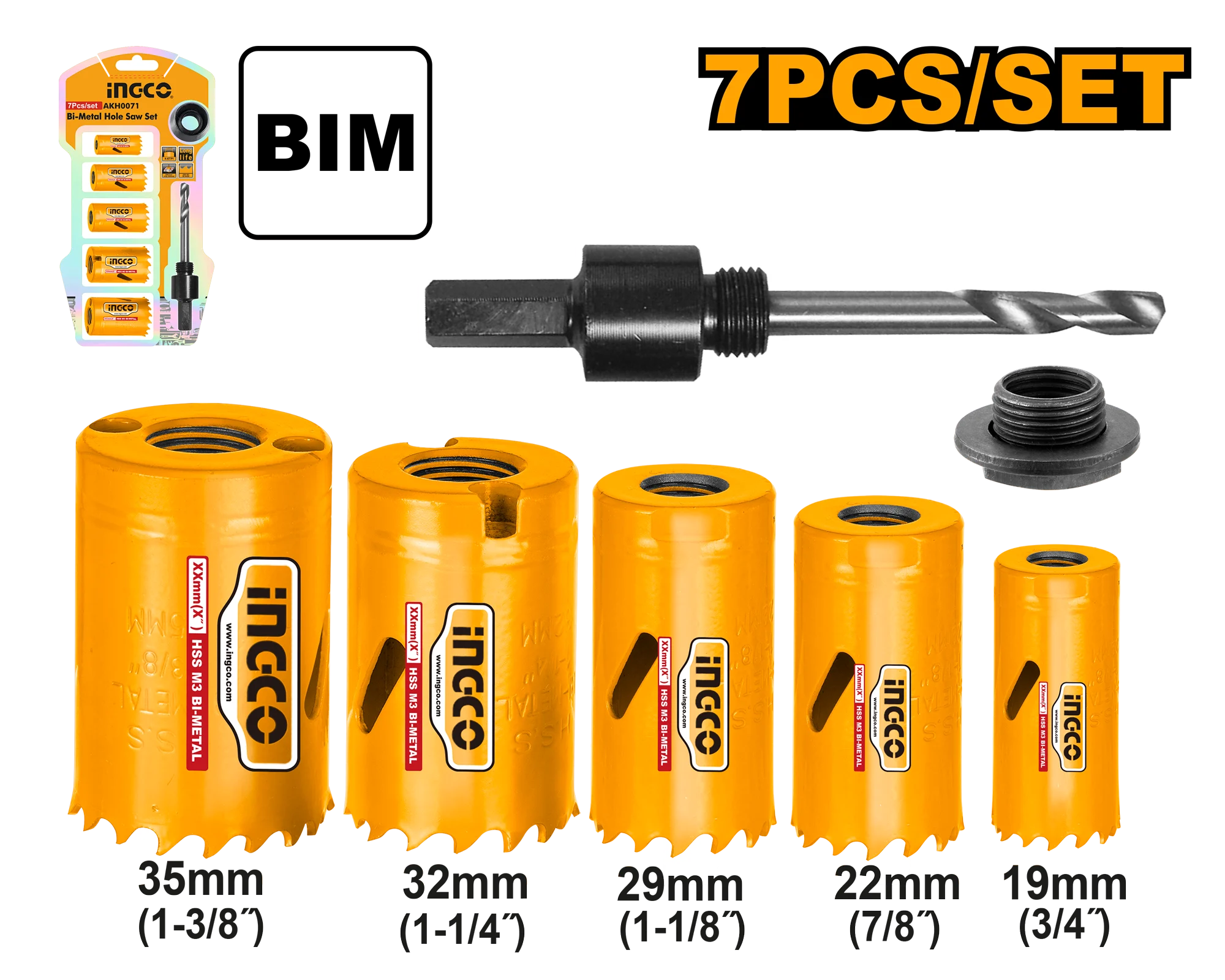 Набор биметаллических кольцевых пил 19-35mm INGCO AKH0071