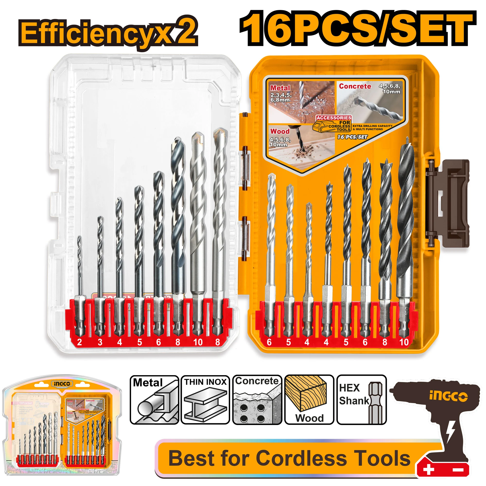 Set burghii mixte 16buc INGCO AKDL11608 Set burghii mixte 16buc INGCO AKDL11608