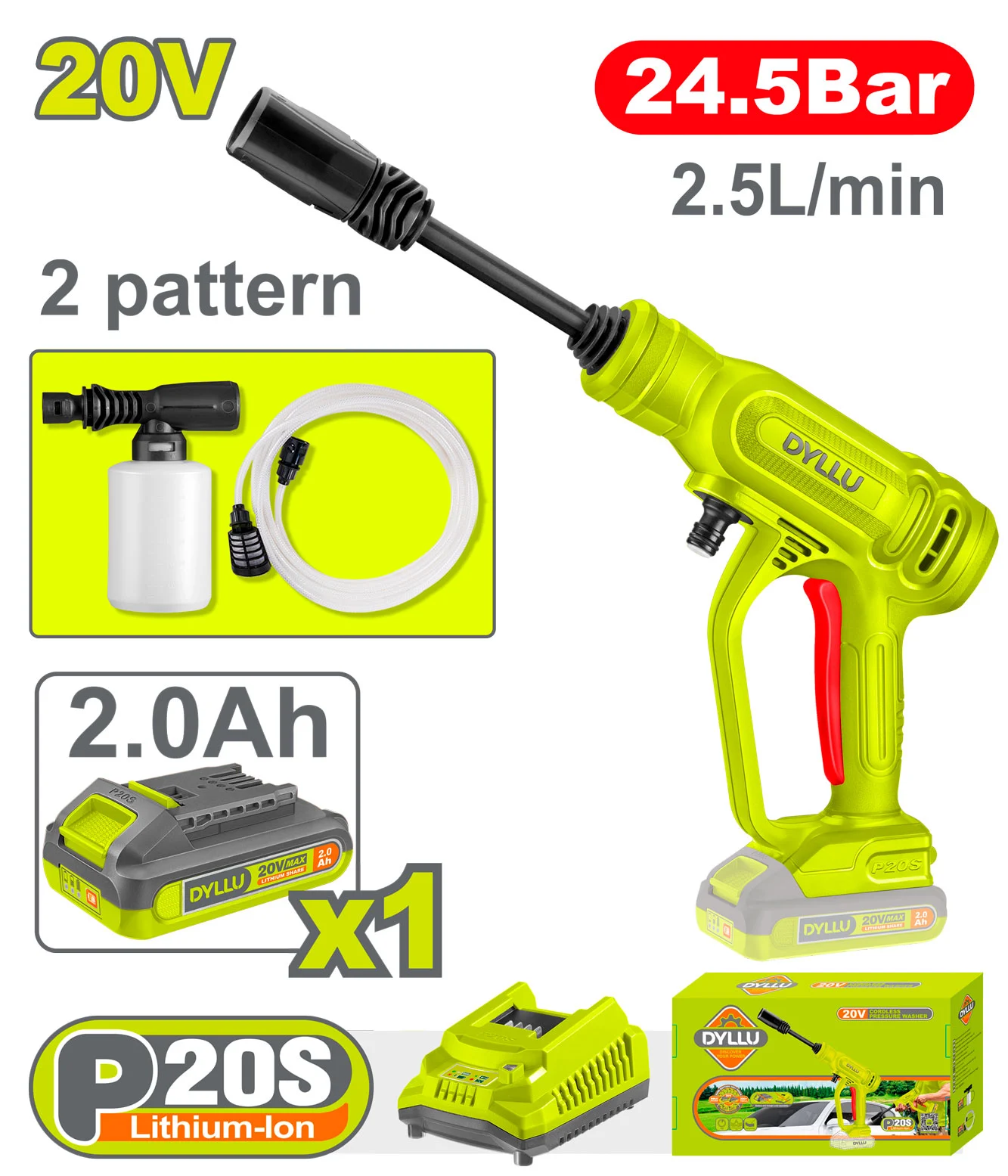 Аккумуляторная мойка высокого давления 24,5Бар 20В/1*2.0Ач DYLLU DTQX01203