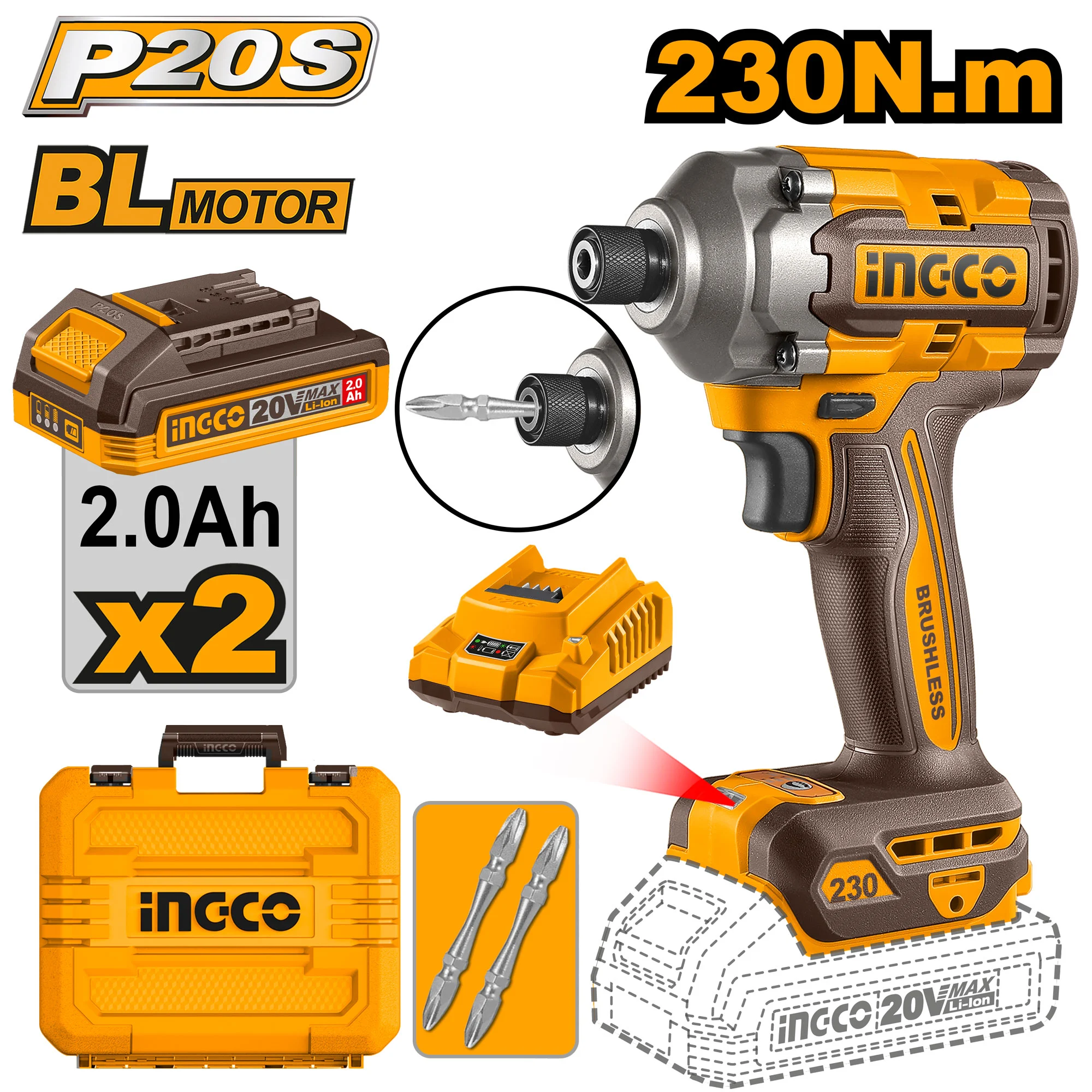 Аккумуляторный ударный винтовёрт 20V/2*2Ah 230Nm INGCO CIRLI2023 Аккумуляторный ударный винтовёрт 20V/2*2Ah 230Nm INGCO CIRLI2023