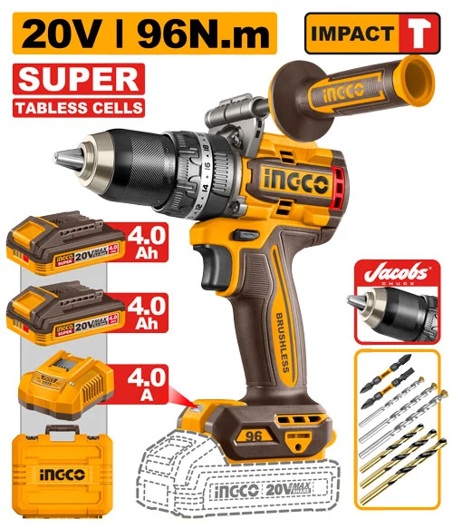 Aккумуляторный ударный шуруповёрт 96N.m 2x4.0Ah INGCO CIDLI209689