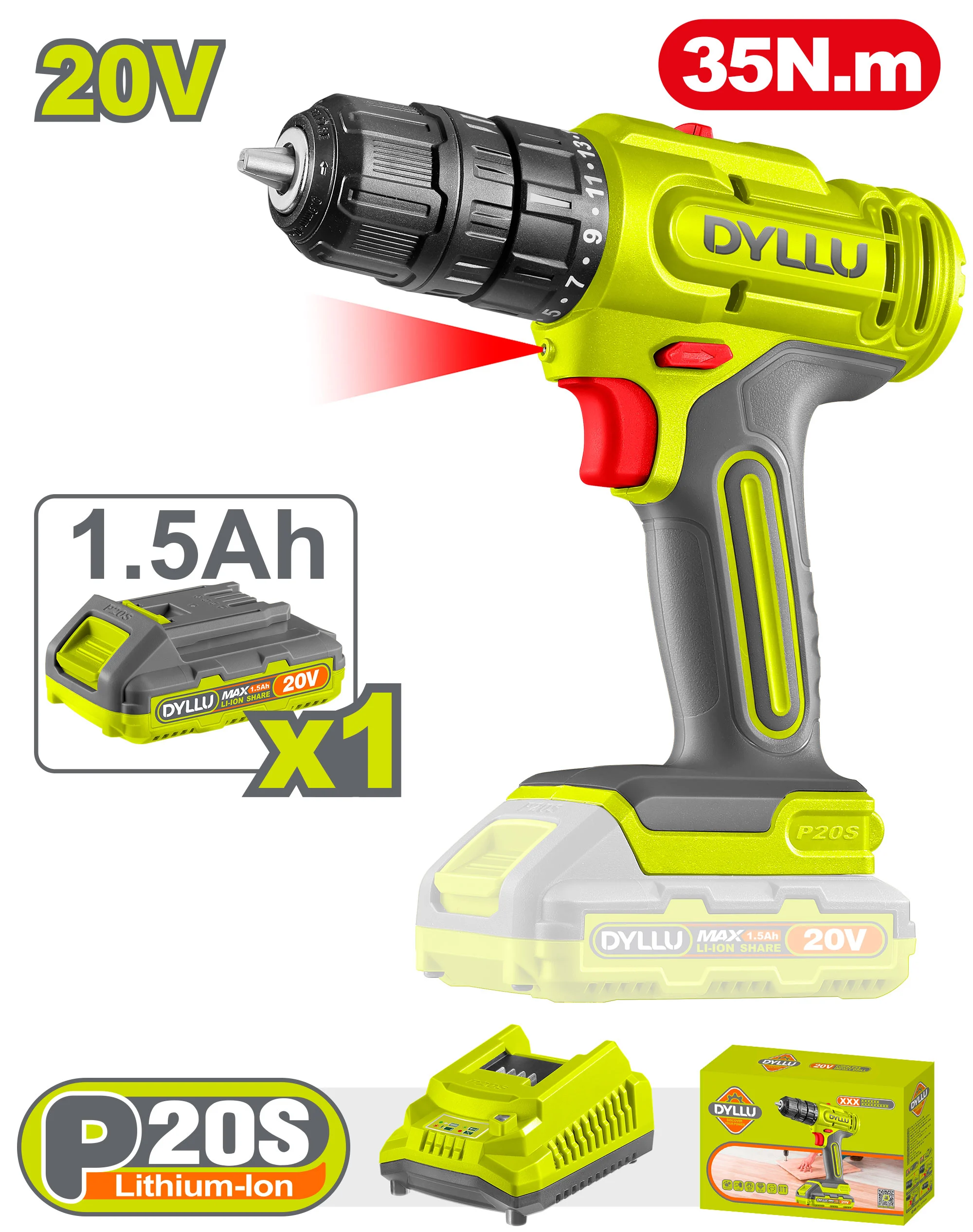 Шуруповёрт аккумуляторный 20V/1*1.5Ah 35N.m DYLLU DTCDP511