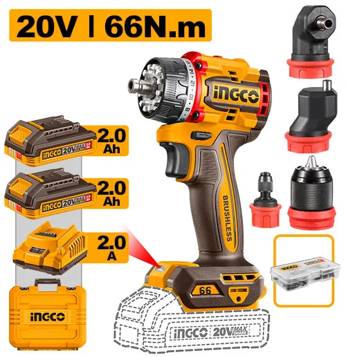 Mașină de înșurubat și găurit cu capuri multiple pe acumulator 20V/2*2.0Ah 66N.m INGCO CDLI206686 Mașină de înșurubat și găurit cu capuri multiple pe acumulator 20V/2*2.0Ah 66N.m INGCO CDLI206686