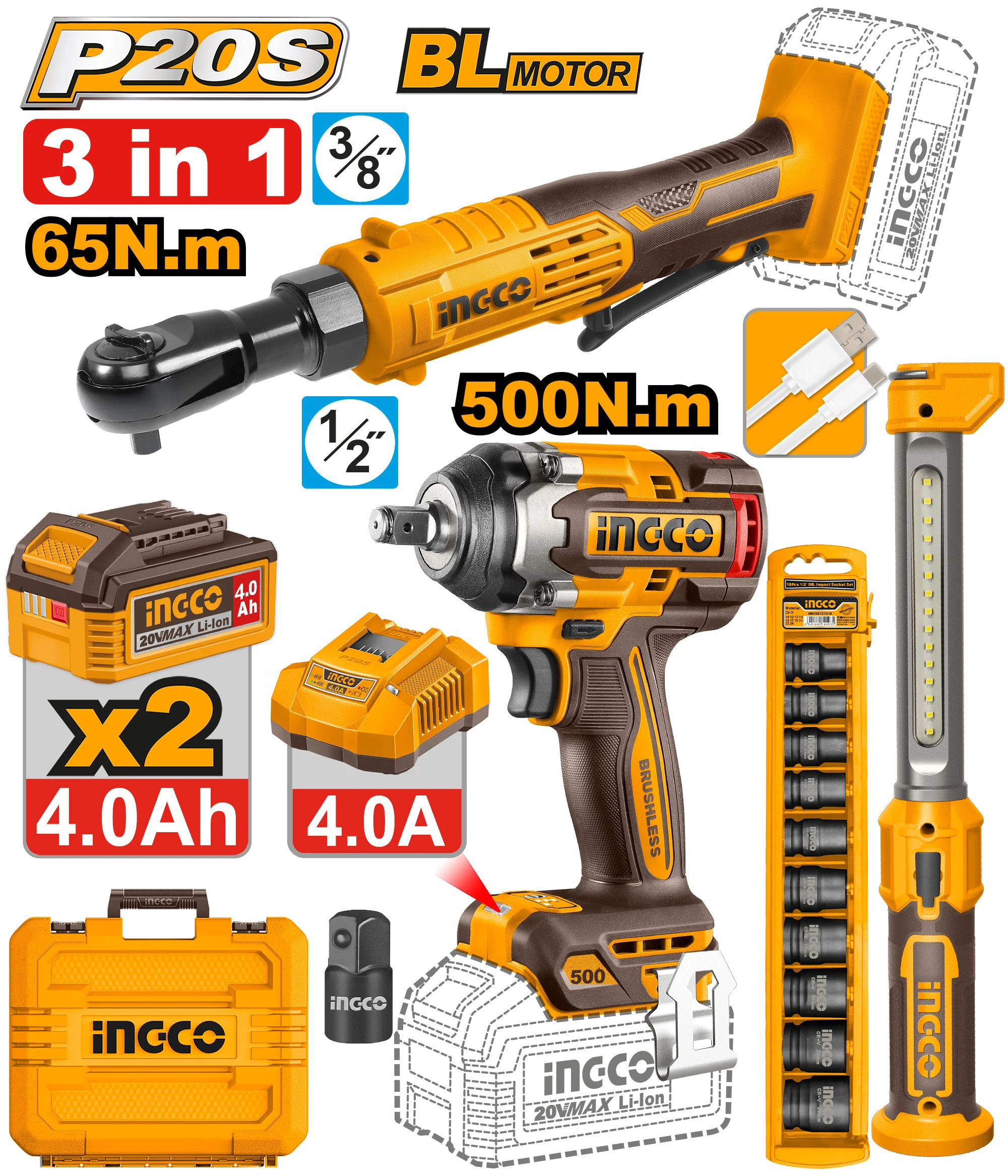 Set din 3 scule cu acumulator 20V/2*4.0Ah INDUSTRIAL INGCO COSLI250981 Set din 3 scule cu acumulator 20V/2*4.0Ah INDUSTRIAL INGCO COSLI250981