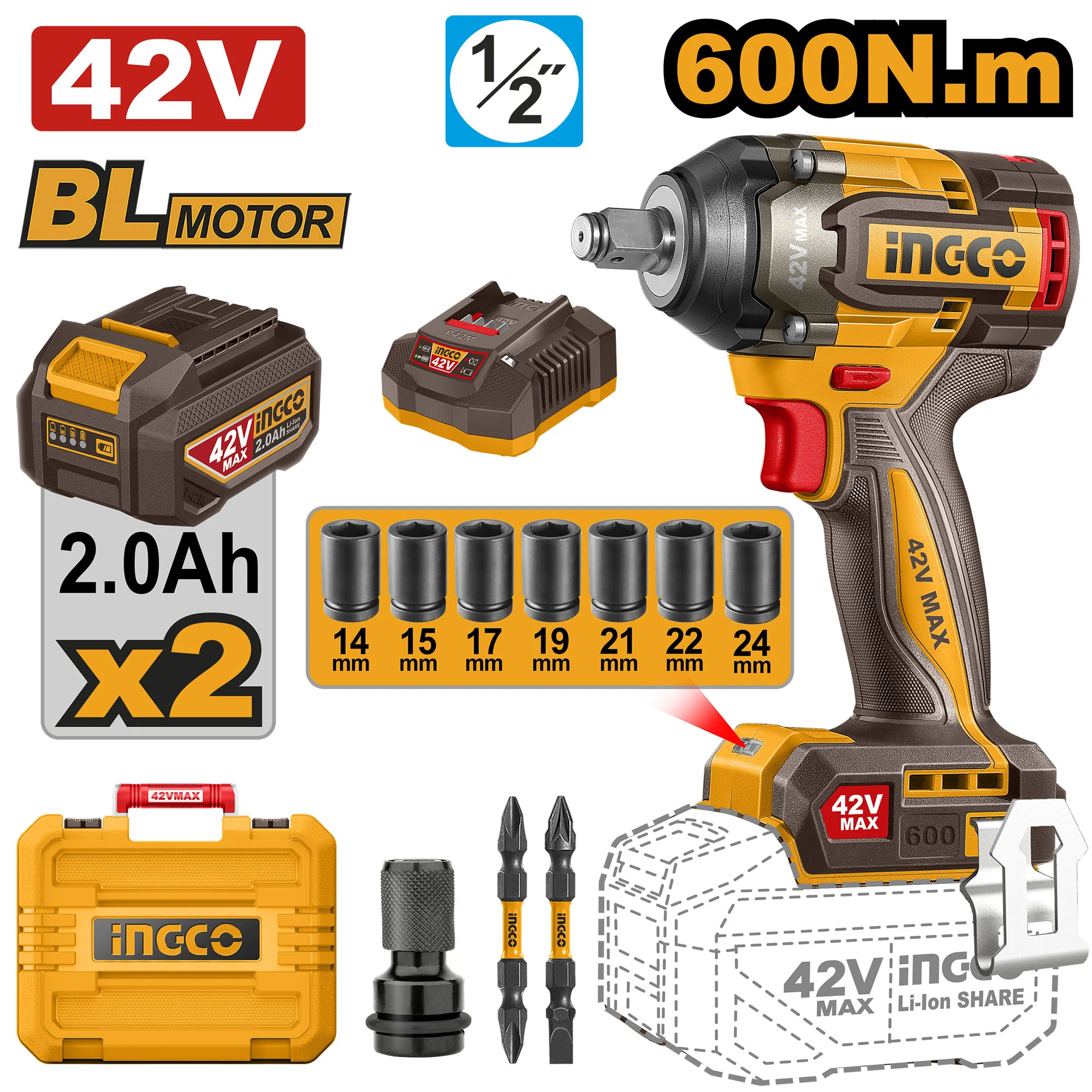 Гайковёрт аккумуляторный ударный BL motor 42В/2*2Ач 600Н.м INGCO CIWLI42602 Гайковёрт аккумуляторный ударный BL motor 42В/2*2Ач 600Н.м INGCO CIWLI42602