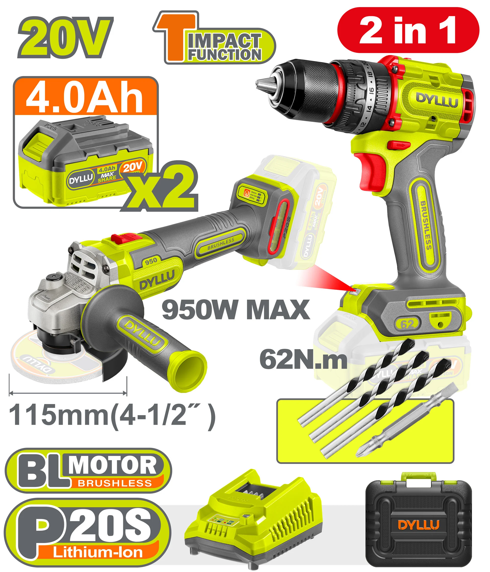 SET MASINA DE INSURUBAT + POLIZOR UNGHIULAR CU ACUMULATORI 20V 2 Ah 4Ah DYLLU DTCK20273