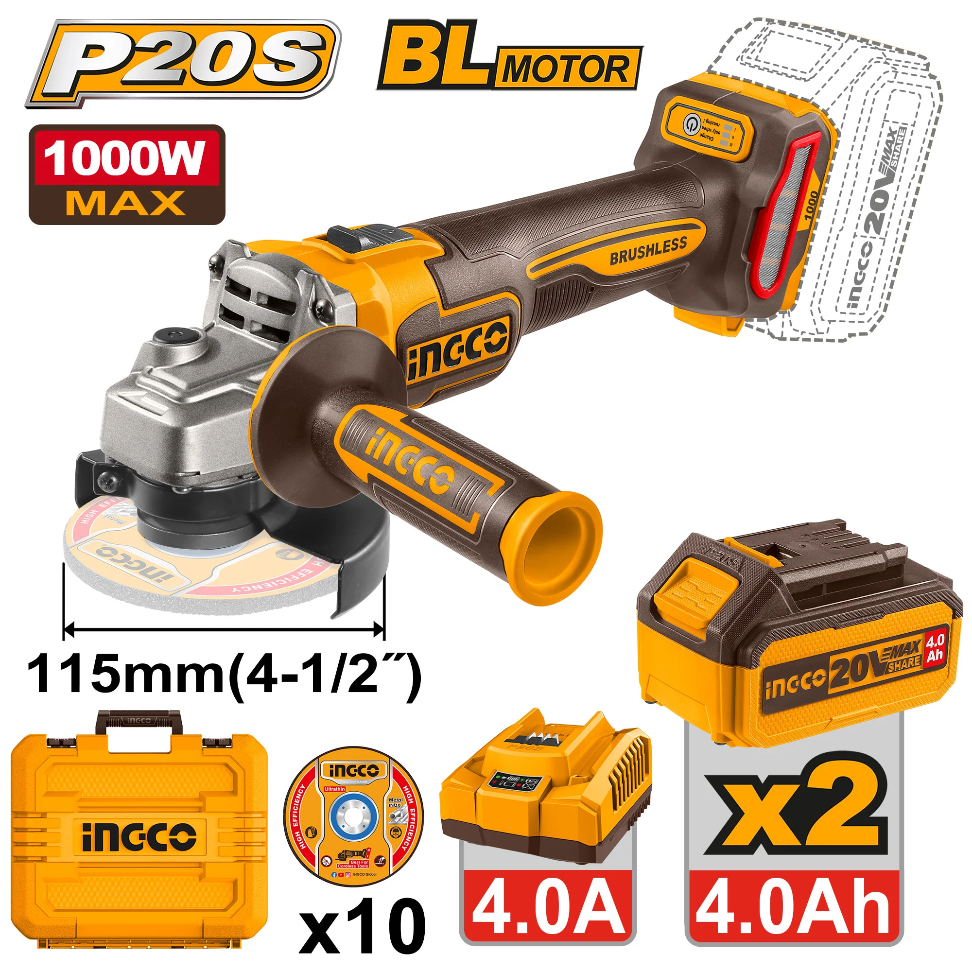 Polizor unghiular 115mm cu acumulator 20V/2*4.0Ah 1000W INDUSTRIAL INGCO CAGLI271532