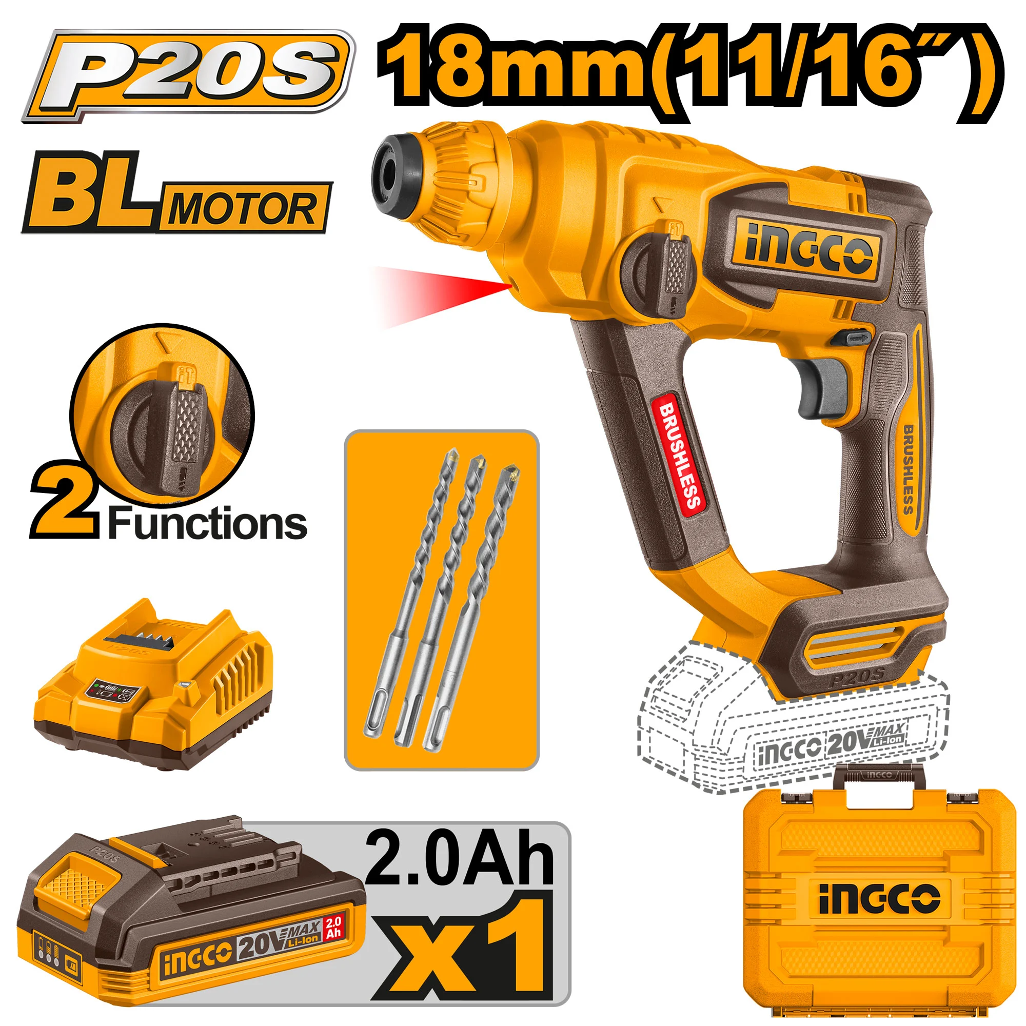 Ciocan rotopercutor cu acumulator 20V/1*2,0Ah 18mm BL motor INGCO CRHLI201881