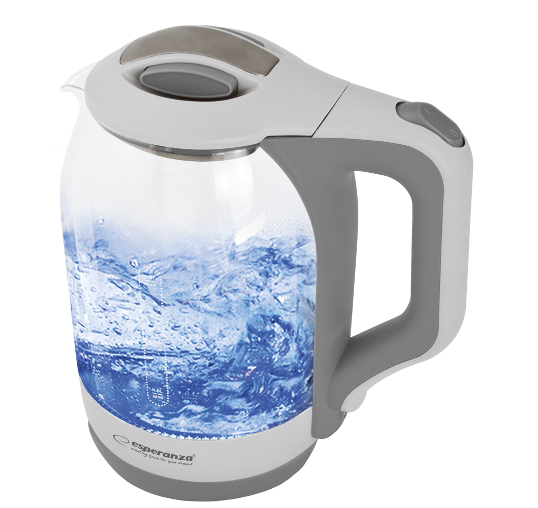 Kettle Esperanza YUKON EKK025W Glass White with LED light, 1500W, 1,7l, concealed heating element, 360° swivel base, auto shut-off after boiling