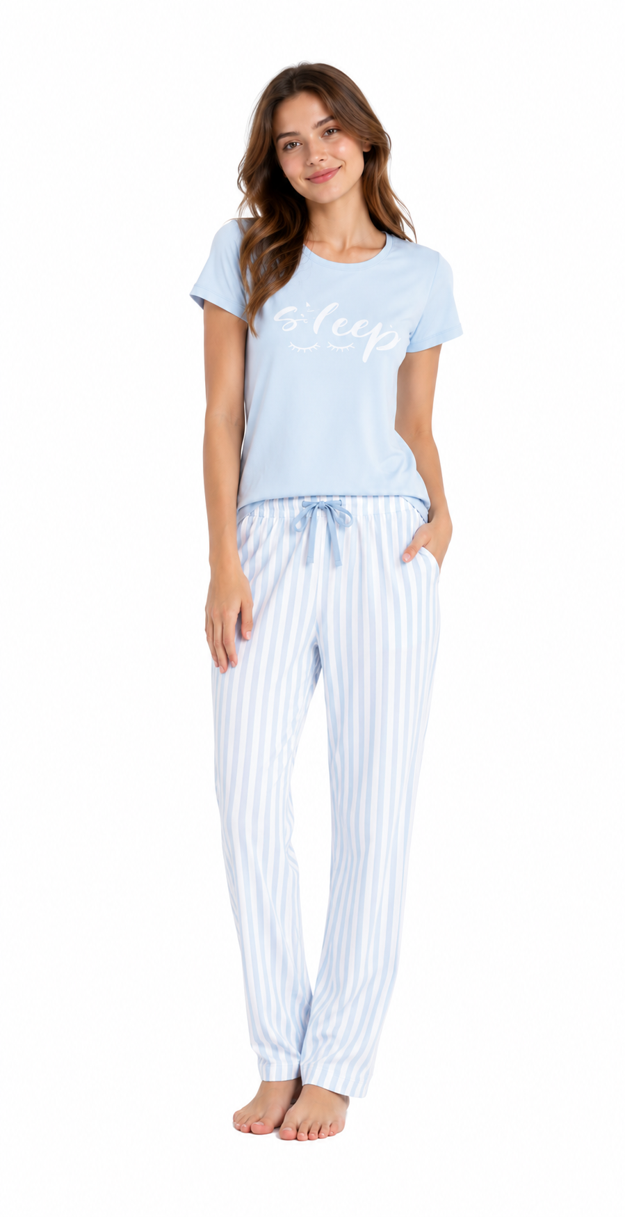 Pijama dama iarna (tricou + pantaloni lungi) Albastru delicat, marimea M, 100% bumbac