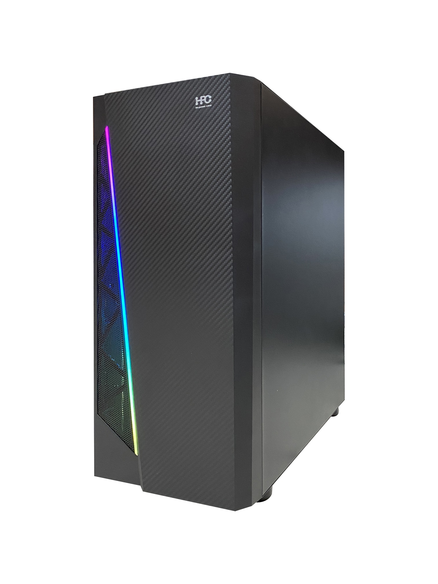 HPC R-05 ATX Case, (650W, 24 pin, Black Flat Cables, 1x 8pin(4+4), 2x 8pin(6+2), 4x SATA, 2x IDE, 12cm black fan), Glass side panel, 1x 120 mm Rear RGB rainbow fan, 1x Front RGB LED Strip, 1xUSB3.0, 2xUSB2.0 / HD Audio, 2x 3.5" HDD / 3x 2.5" SSD, Bottom PSU Shroud, Matt surface, SPCC Black