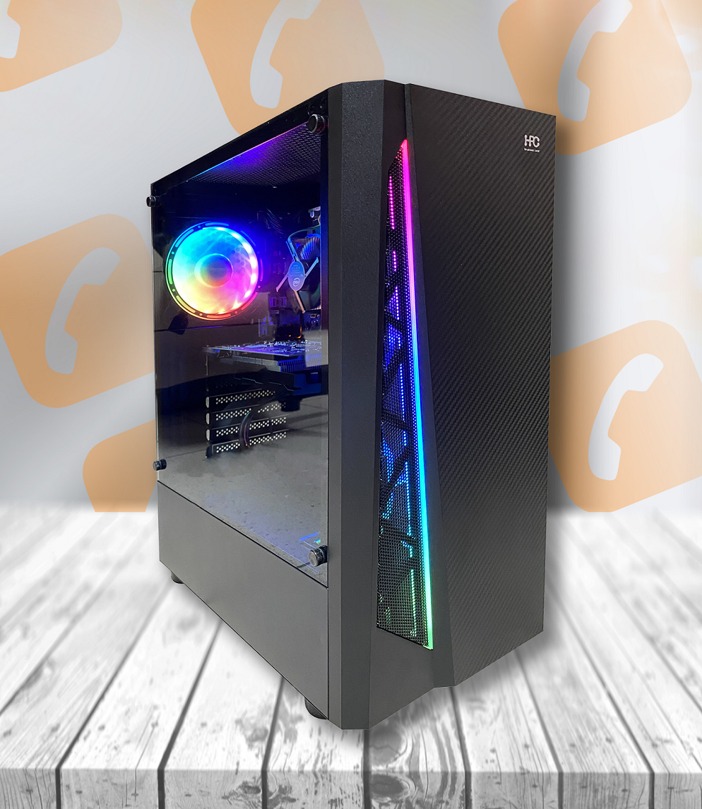 HPC R-05 ATX Case, (650W, 24 pin, Black Flat Cables, 1x 8pin(4+4), 2x 8pin(6+2), 4x SATA, 2x IDE, 12cm black fan), Glass side panel, 1x 120 mm Rear RGB rainbow fan, 1x Front RGB LED Strip, 1xUSB3.0, 2xUSB2.0 / HD Audio, 2x 3.5" HDD / 3x 2.5" SSD, Bottom PSU Shroud, Matt surface, SPCC Black