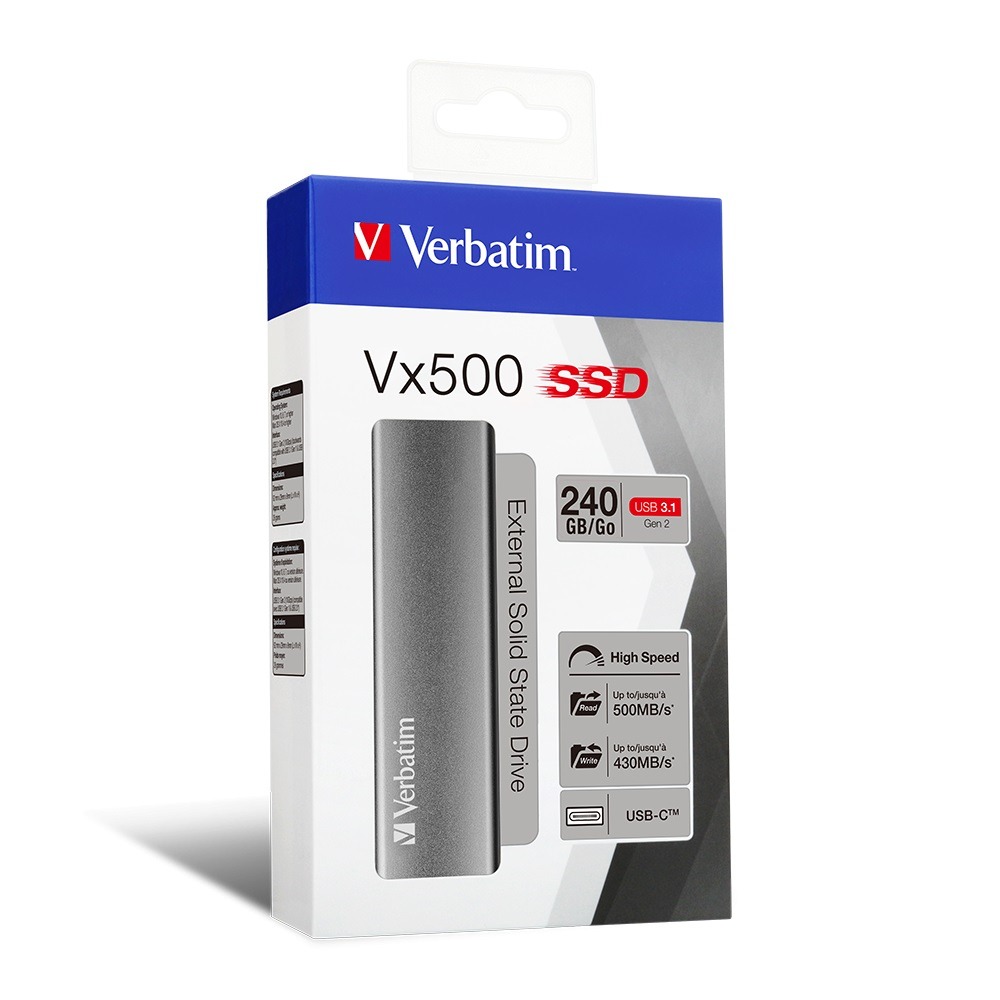 M.2 External SSD 240GB Verbatim Vx500 USB 3.1 Gen 2, Sequential Read/Write: up to 500/430 MB/s, Windows®, Mac, PS4 and Xbox One compatible, Light, Portable M.2 External SSD 240GB Verbatim Vx500 USB 3.1 Gen 2, Sequential Read/Write: up to 500/430 MB/s, Windows®, Mac, PS4 and Xbox One compatible, Light, Portable