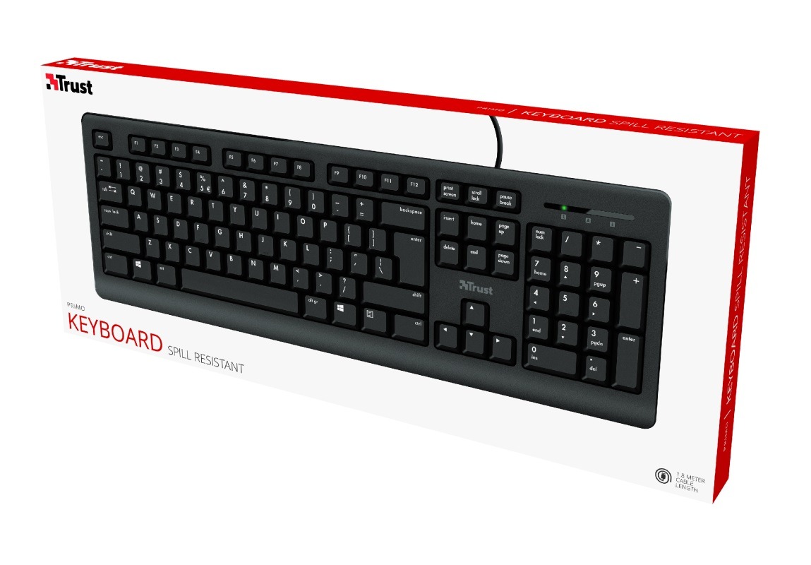 Trust Primo Keyboard, Silent typing, Spill-resistant, RU, USB, 1.8m, Black Trust Primo Keyboard, Silent typing, Spill-resistant, RU, USB, 1.8m, Black