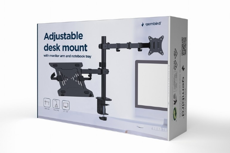 Gembird MA-DA-03, Adjustable desk mount with monitor arm and notebook tray, Supports monitors up to 32” and notebooks up to 15.6”, black Gembird MA-DA-03, Adjustable desk mount with monitor arm and notebook tray, Supports monitors up to 32” and notebooks up to 15.6”, black