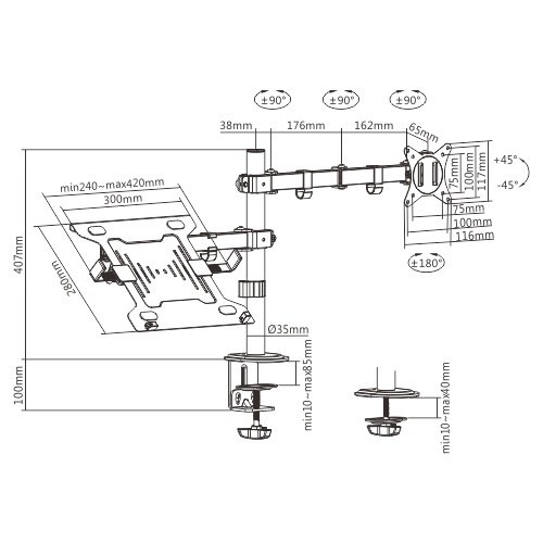 Gembird MA-DA-03, Adjustable desk mount with monitor arm and notebook tray, Supports monitors up to 32” and notebooks up to 15.6”, black Gembird MA-DA-03, Adjustable desk mount with monitor arm and notebook tray, Supports monitors up to 32” and notebooks up to 15.6”, black