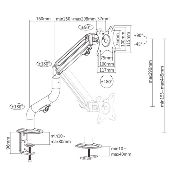 Arm for 1 monitor 17”-32” - Gembird MA-DA1-02, Adjustable desk display mounting arm, Gas spring 2-8kg, VESA 75/100, arm rotates, extends and retracts, tilts to Arm for 1 monitor 17”-32” - Gembird MA-DA1-02, Adjustable desk display mounting arm, Gas spring 2-8kg, VESA 75/100, arm rotates, extends and retracts, tilts to