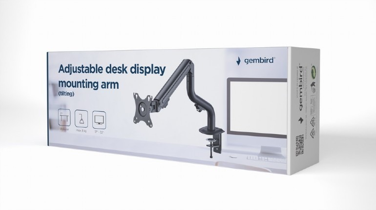 Arm for 1 monitor 17”-32” - Gembird MA-DA1-02, Adjustable desk display mounting arm, Gas spring 2-8kg, VESA 75/100, arm rotates, extends and retracts, tilts to Arm for 1 monitor 17”-32” - Gembird MA-DA1-02, Adjustable desk display mounting arm, Gas spring 2-8kg, VESA 75/100, arm rotates, extends and retracts, tilts to