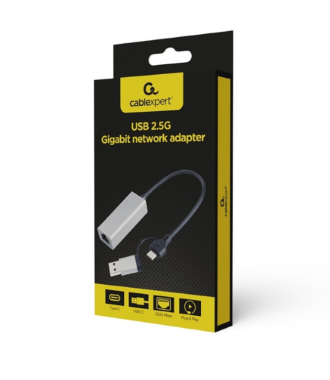 USB 3.1 + USB Type-C / 2.5G Gigabit Ethernet Adapter / Gembird A-USB3AC-LAN2G-01 USB 3.1 + USB Type-C / 2.5G Gigabit Ethernet Adapter / Gembird A-USB3AC-LAN2G-01