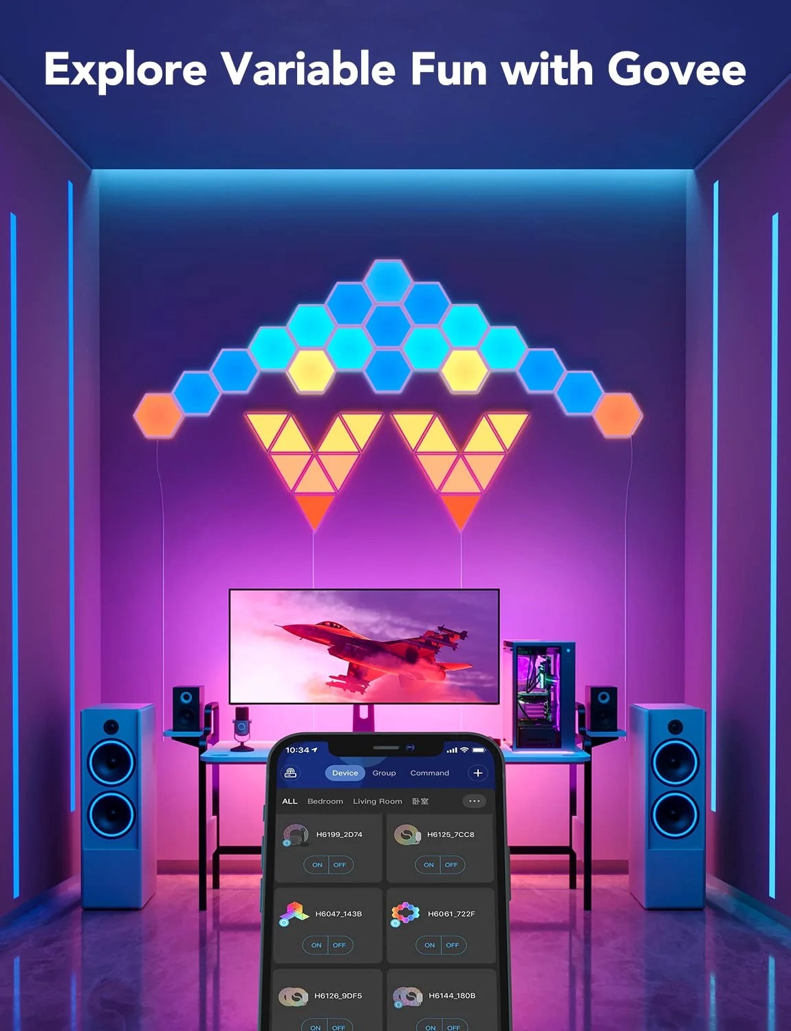 Шестиугольные световые панели GOVEE Glide Hexa Light Panels / 10 Pack / Wi-Fi + BT / Multicolor Шестиугольные световые панели GOVEE Glide Hexa Light Panels / 10 Pack / Wi-Fi + BT / Multicolor