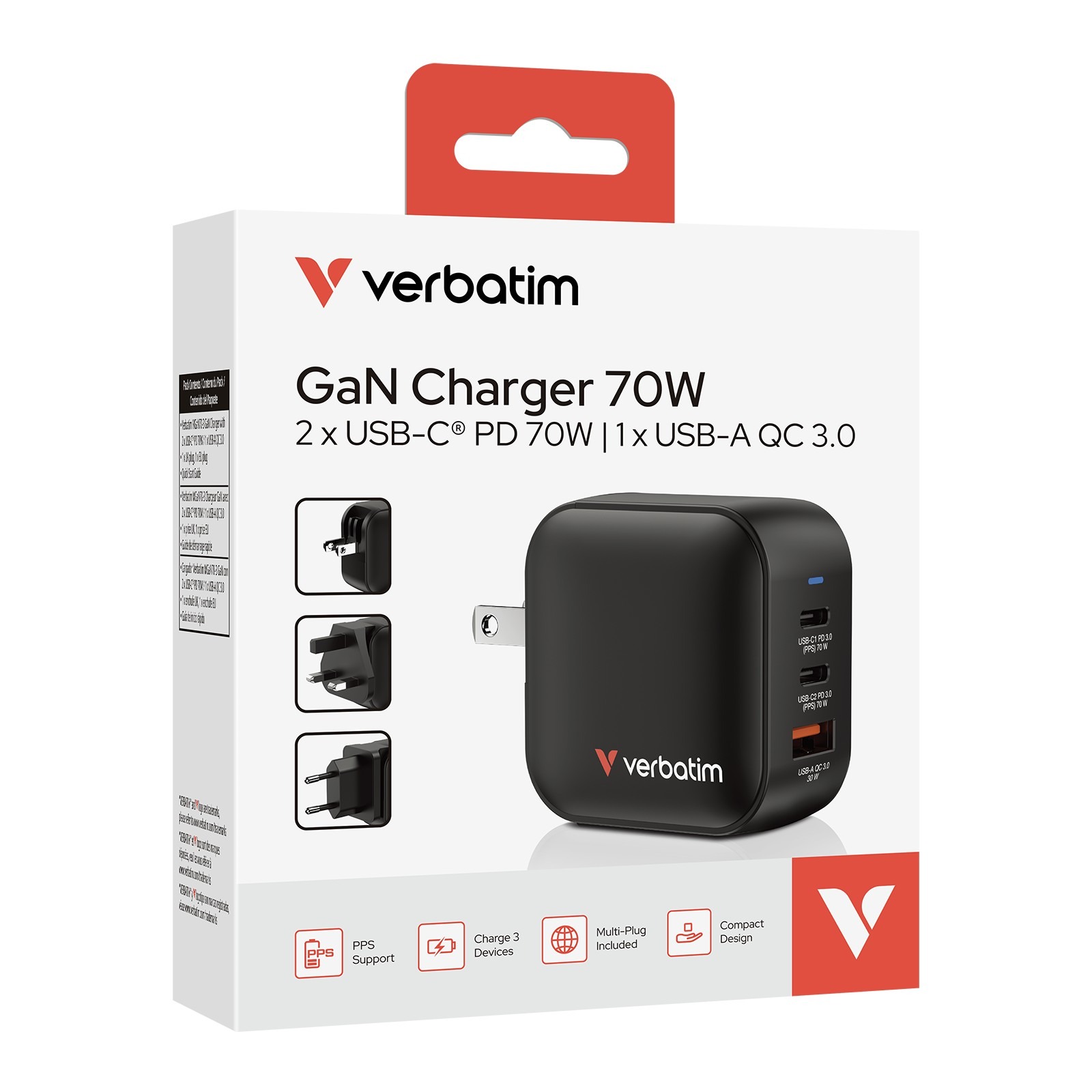 Зарядное устройство (US/UK/EU) Verbatim Mini GaN / 70W / 3 порта Зарядное устройство (US/UK/EU) Verbatim Mini GaN / 70W / 3 порта
