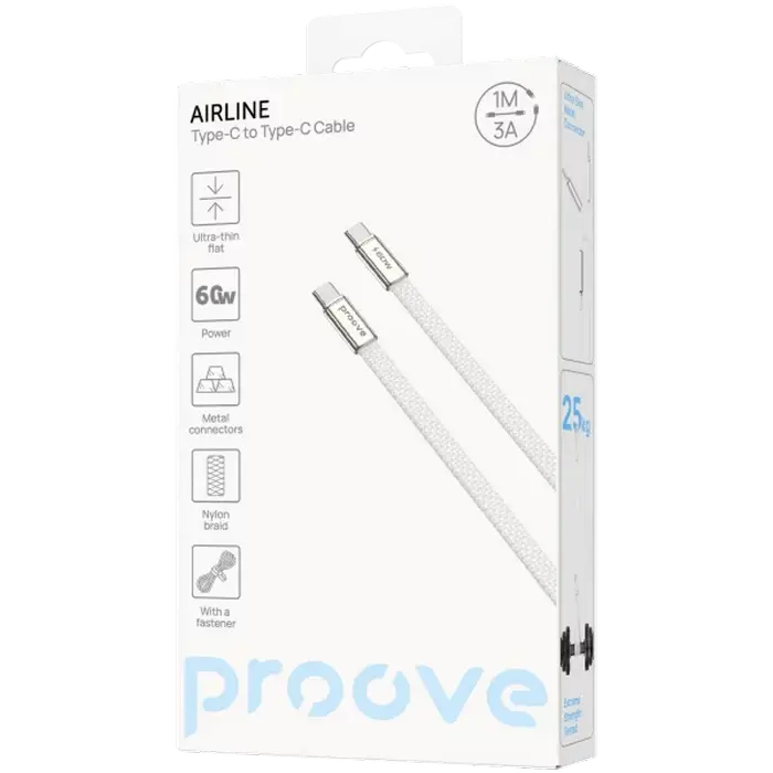 Cablu Type-C (Type-C), Proove AirLine 60W (1m), White Cablu Type-C (Type-C), Proove AirLine 60W (1m), White