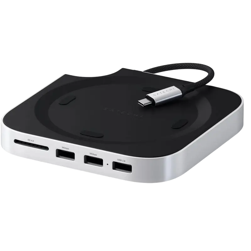 Satechi Mac Mini M4 Stand & Hub with SSD Enclosure, 2xUSB-A3.2 Gen2, USB-A2.0, SD. Satechi Mac Mini M4 Stand & Hub with SSD Enclosure, 2xUSB-A3.2 Gen2, USB-A2.0, SD.
