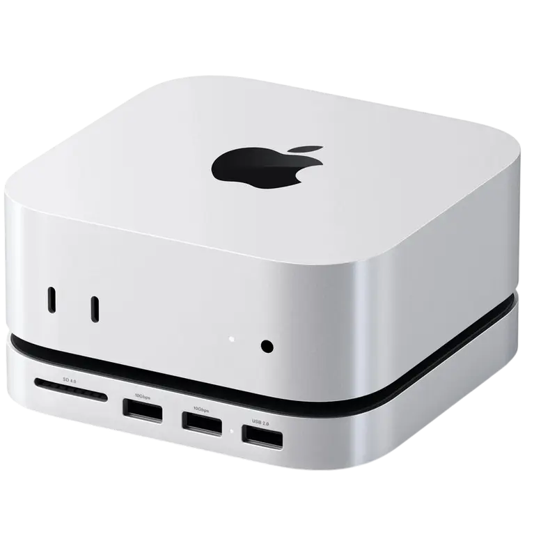 Satechi Mac Mini M4 Stand & Hub with SSD Enclosure, 2xUSB-A3.2 Gen2, USB-A2.0, SD. Satechi Mac Mini M4 Stand & Hub with SSD Enclosure, 2xUSB-A3.2 Gen2, USB-A2.0, SD.