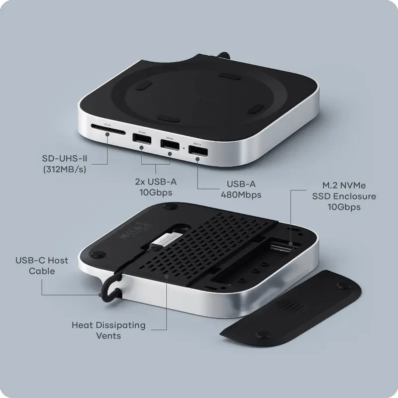Satechi Mac Mini M4 Stand & Hub with SSD Enclosure, 2xUSB-A3.2 Gen2, USB-A2.0, SD. Satechi Mac Mini M4 Stand & Hub with SSD Enclosure, 2xUSB-A3.2 Gen2, USB-A2.0, SD.