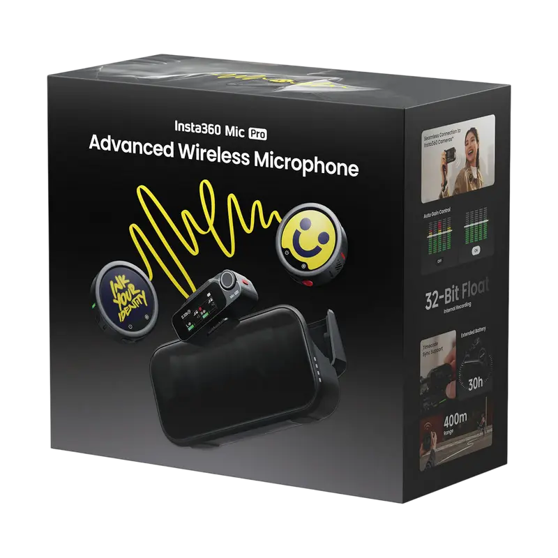 Microfon portabil pentru înregistrare vocală Insta360 Mic Pro (2 TX + 1 RX), Fără fir, Negru Microfon portabil pentru înregistrare vocală Insta360 Mic Pro (2 TX + 1 RX), Fără fir, Negru