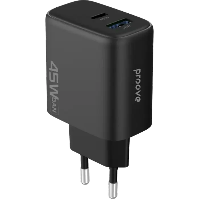 Incarcator Proove, Silicone Power 45W, USB+Type-C, (fara cablu), Black Incarcator Proove, Silicone Power 45W, USB+Type-C, (fara cablu), Black