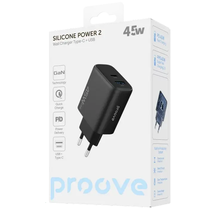 Incarcator Proove, Silicone Power 45W, USB+Type-C, (fara cablu), Black Incarcator Proove, Silicone Power 45W, USB+Type-C, (fara cablu), Black
